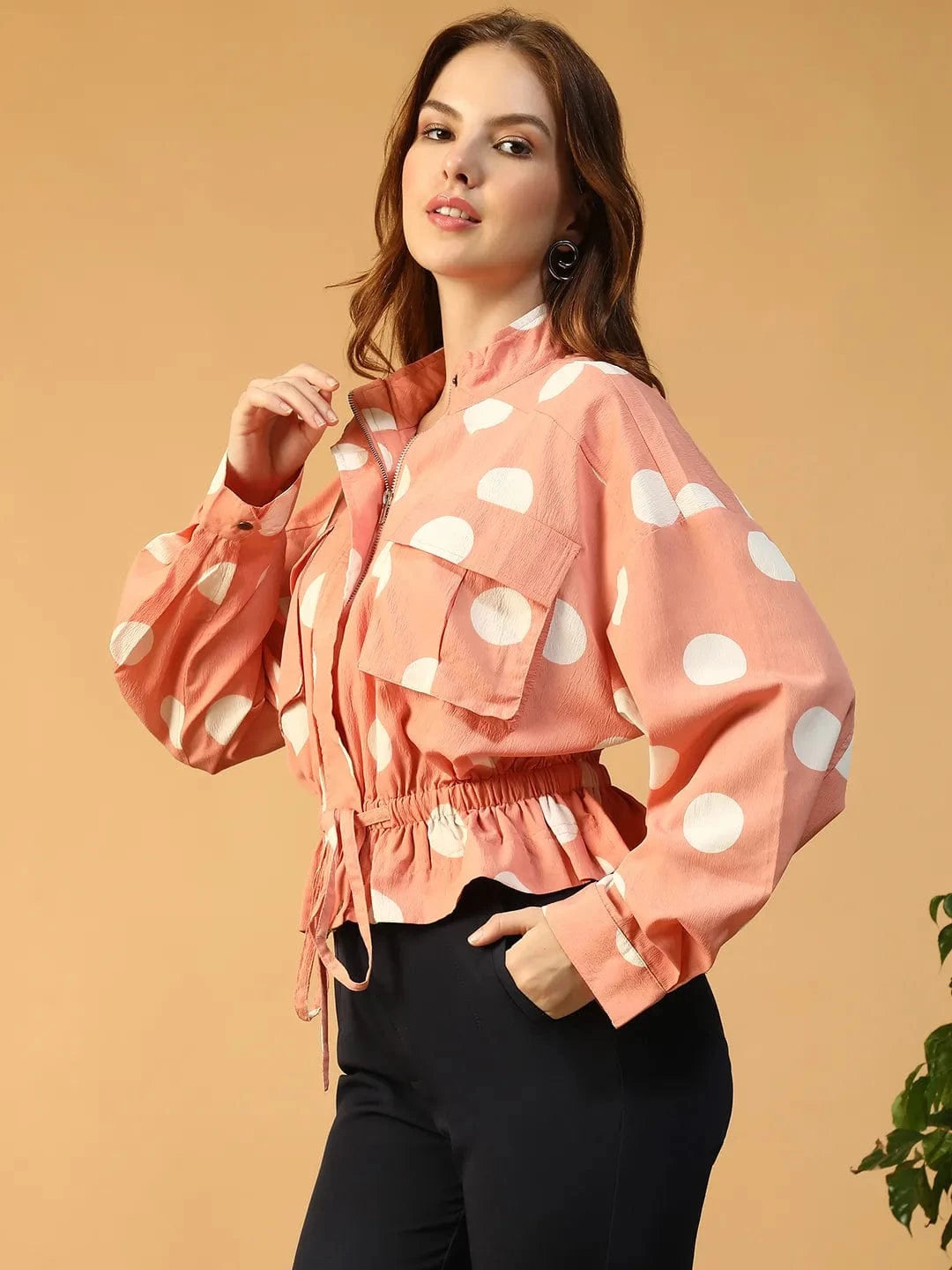 Light Pink Polka Dot High Neck Long Sleeve Women Bomber Jacket