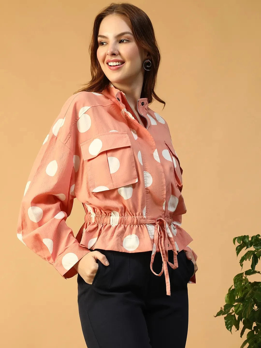 Light Pink Polka Dot High Neck Long Sleeve Women Bomber Jacket