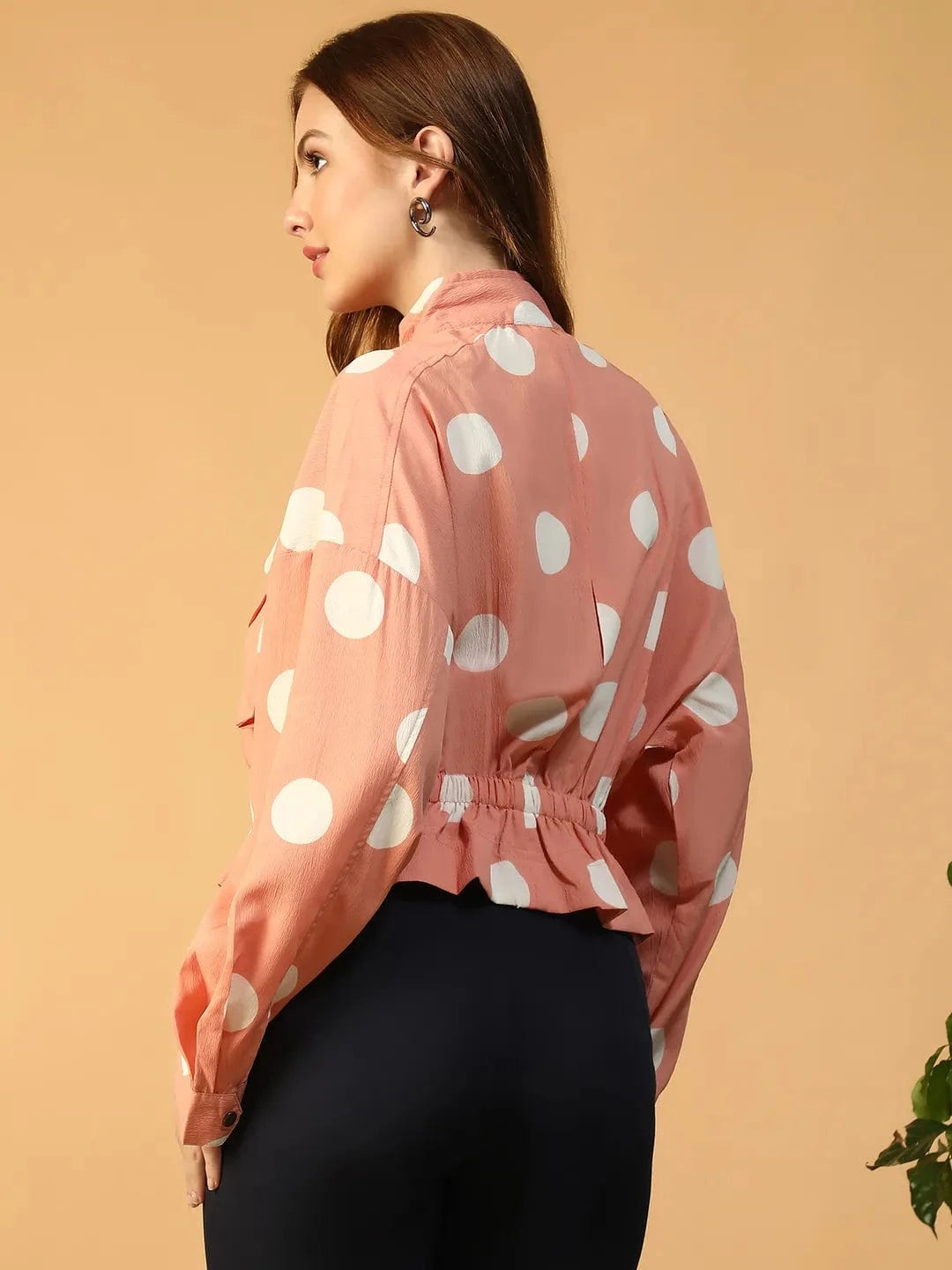 Light Pink Polka Dot High Neck Long Sleeve Women Bomber Jacket