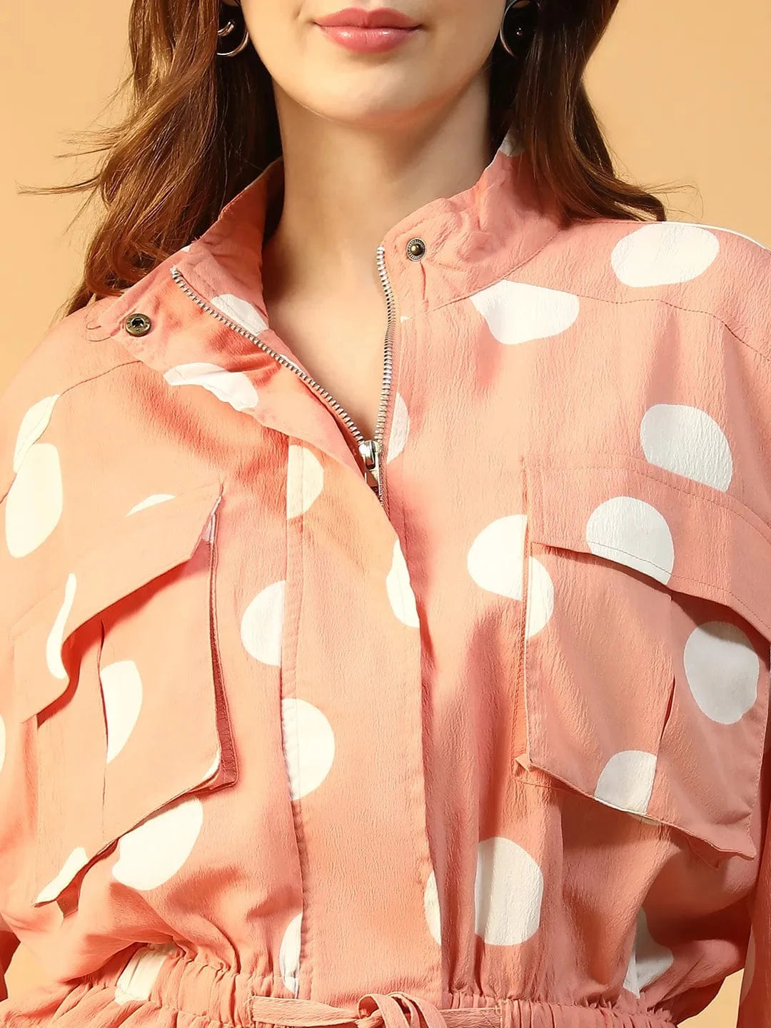 Light Pink Polka Dot High Neck Long Sleeve Women Bomber Jacket