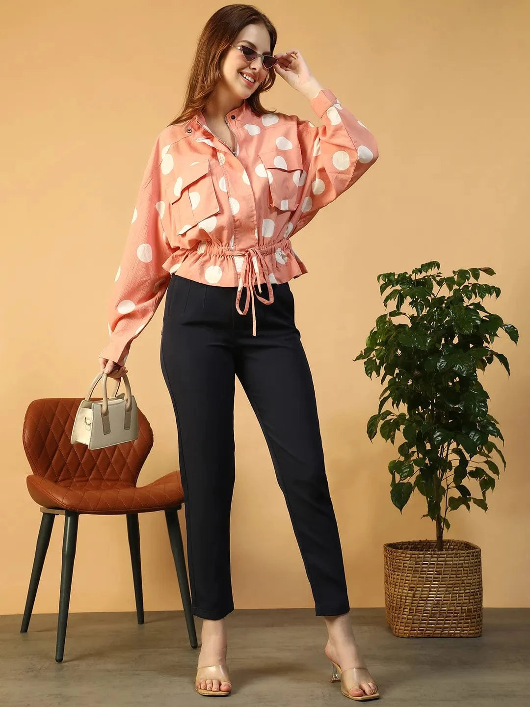 Light Pink Polka Dot High Neck Long Sleeve Women Bomber Jacket