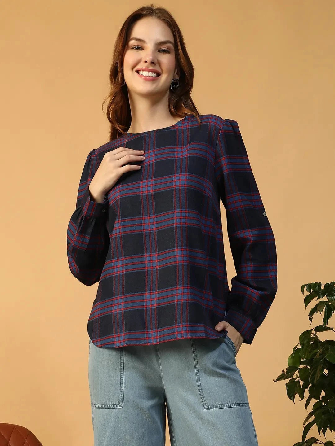 Purple Check Print Women Top