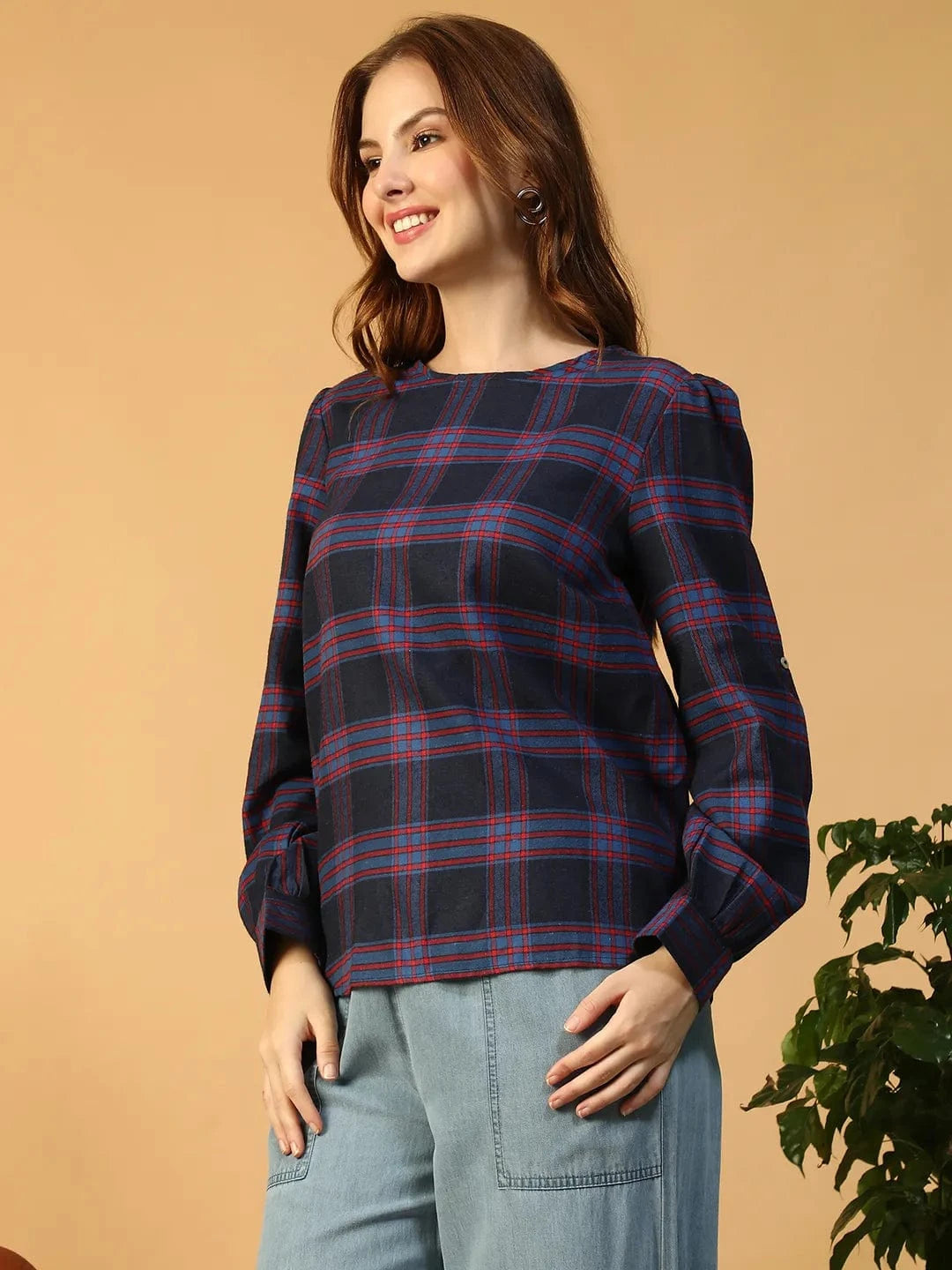 Purple Check Print Women Top