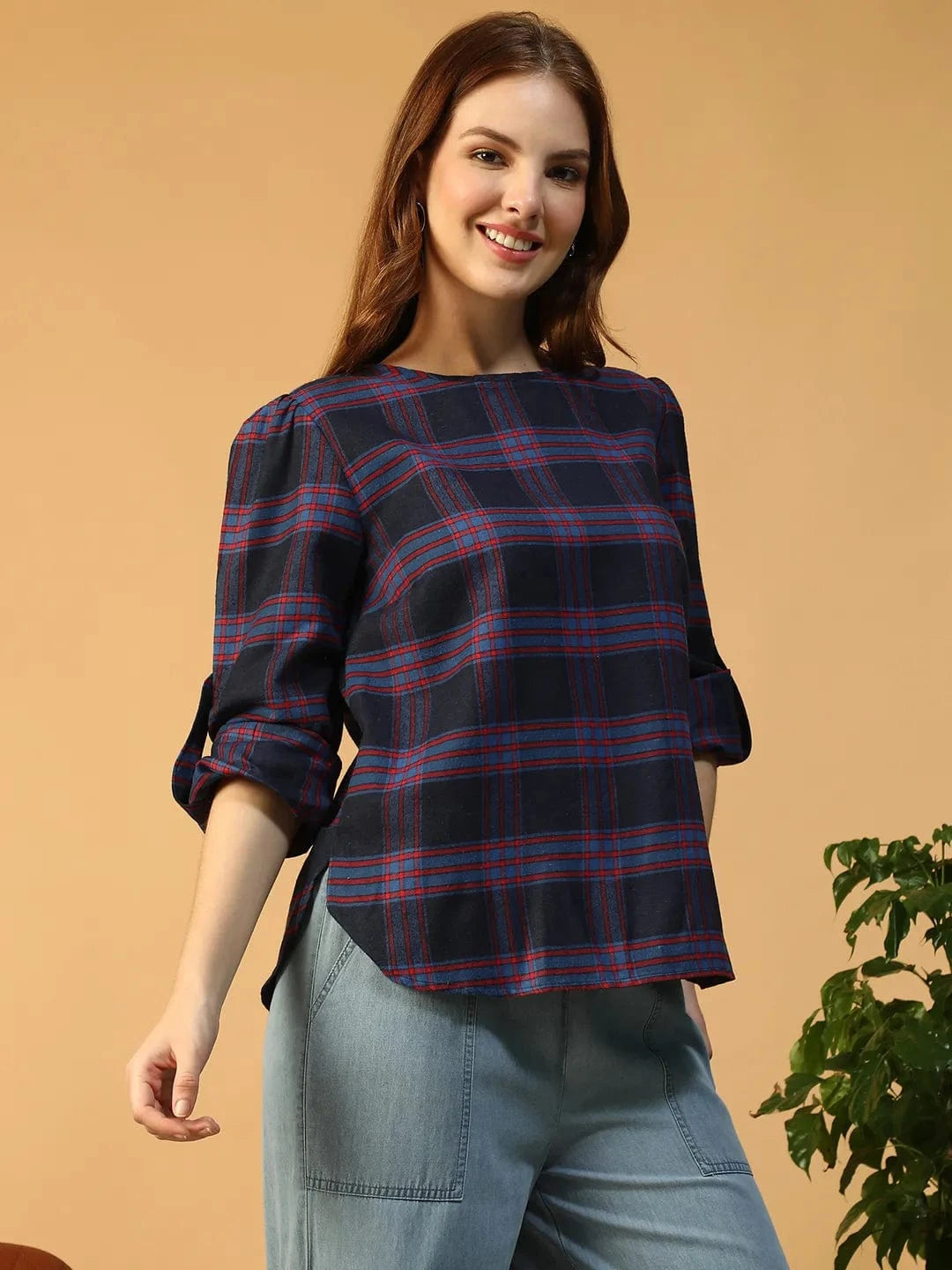 Purple Check Print Women Top