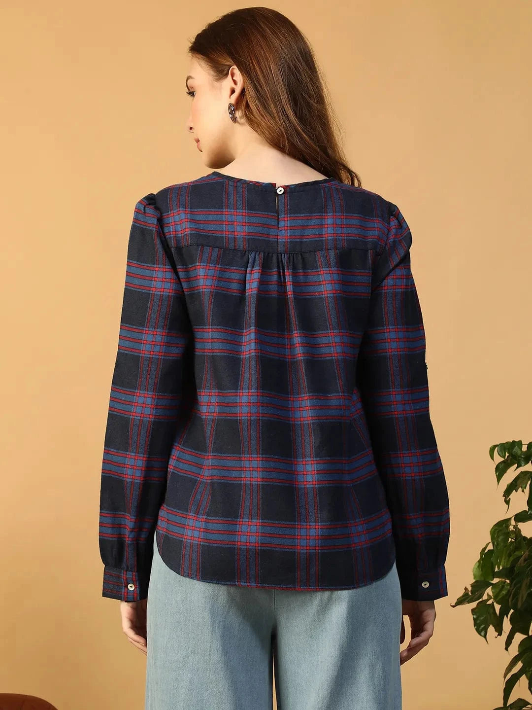 Purple Check Print Women Top