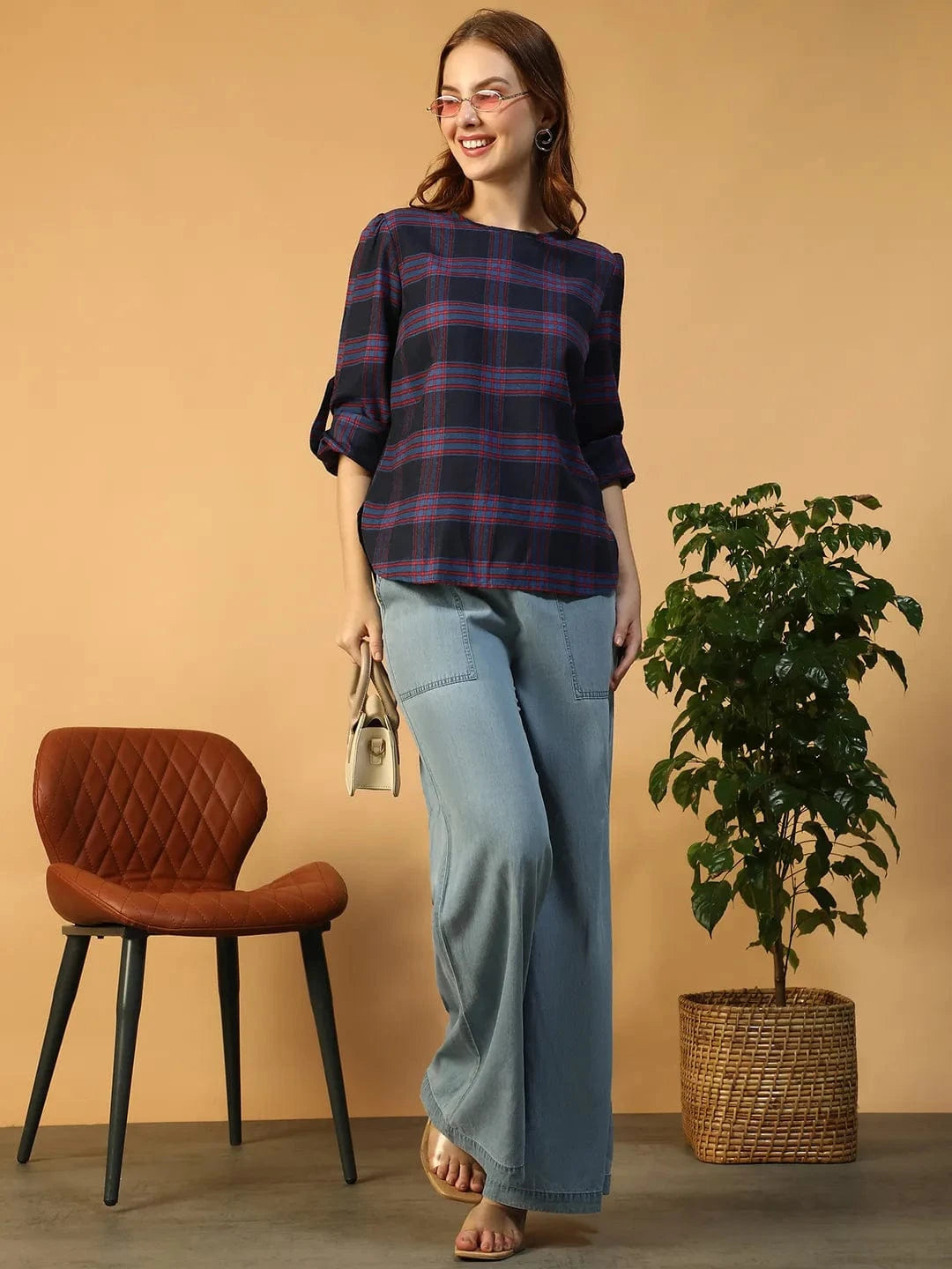 Purple Check Print Women Top