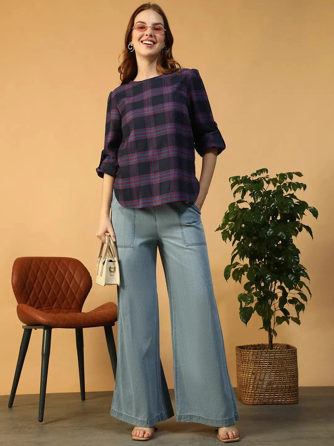 Purple Check Print Women Top