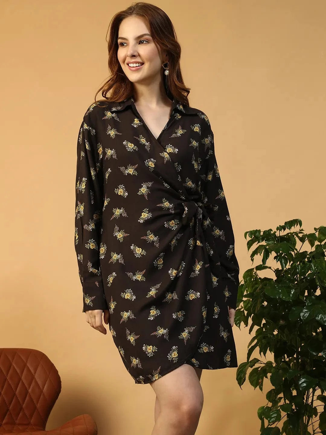 Black Floral Print Wrap Dress