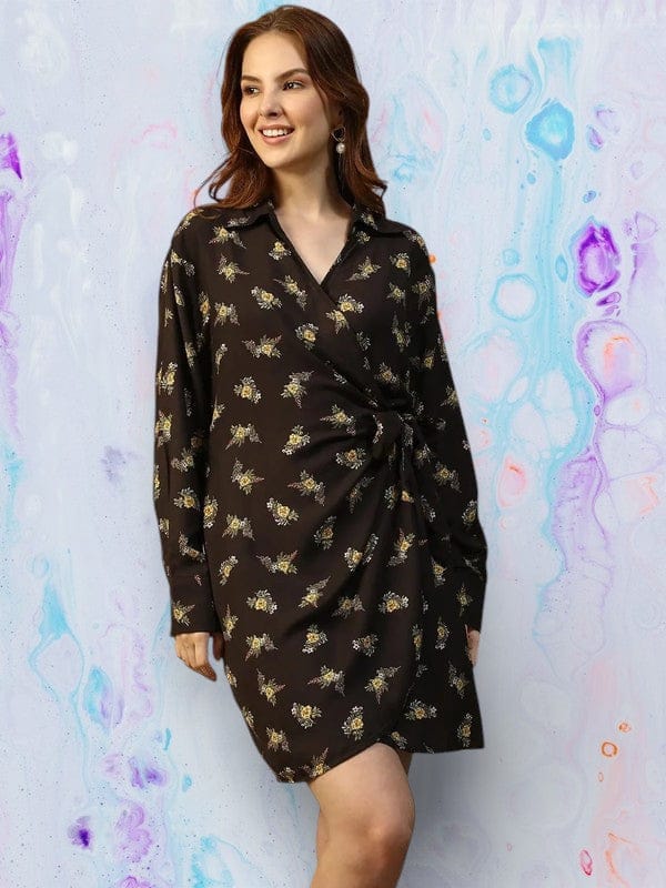 Black Floral Print Wrap Dress