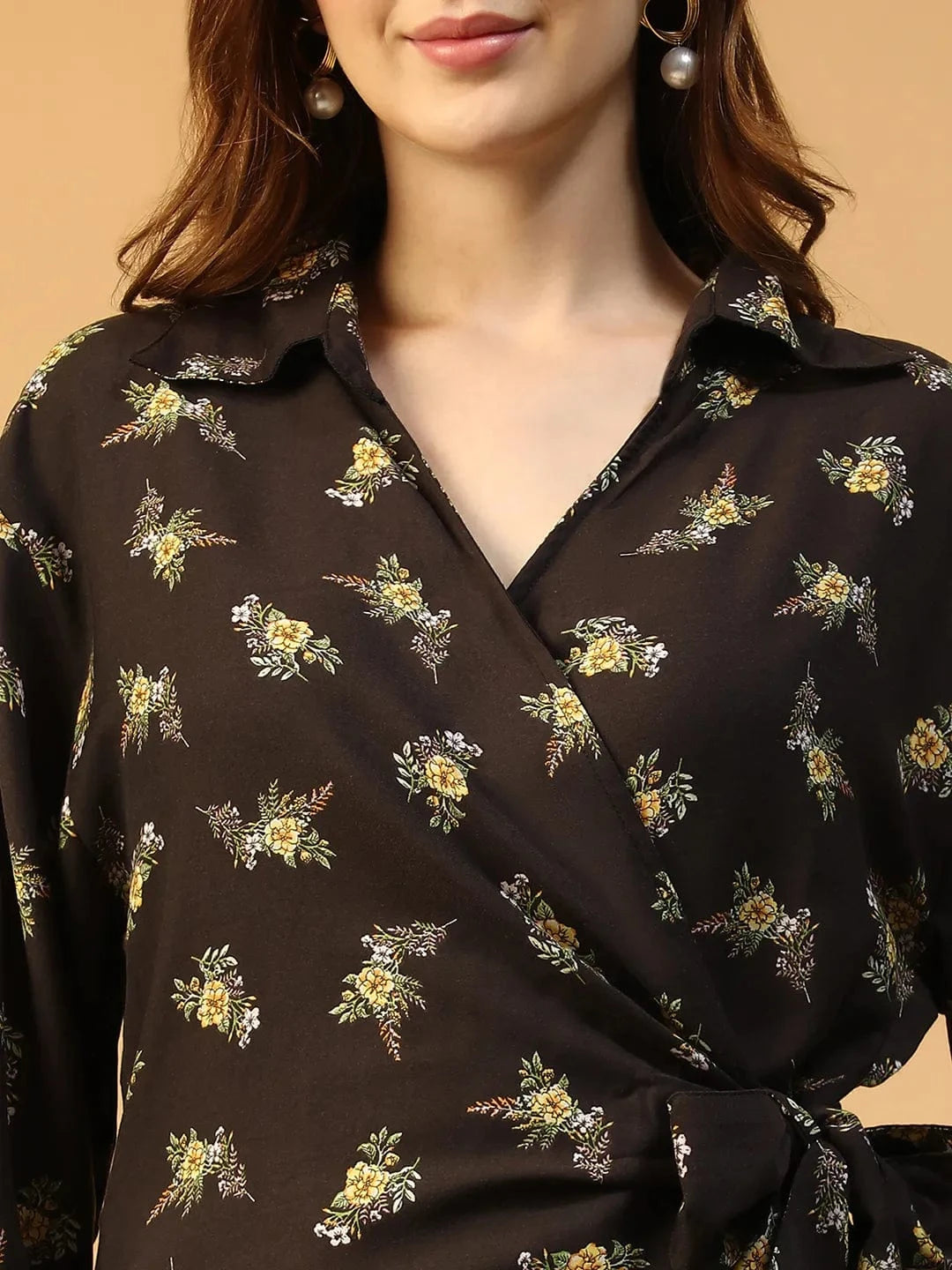 Black Floral Print Wrap Dress