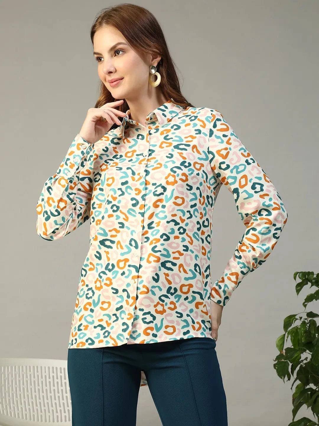 Multicolor Abstract Print Collared Long Sleeve Button Down Women Shirt