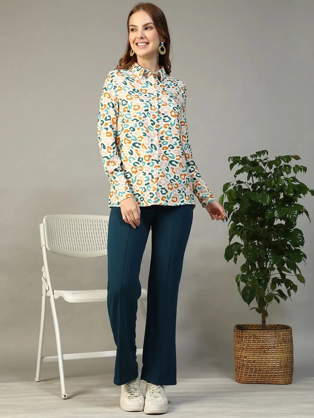 Multicolor Abstract Print Collared Long Sleeve Button Down Women Shirt