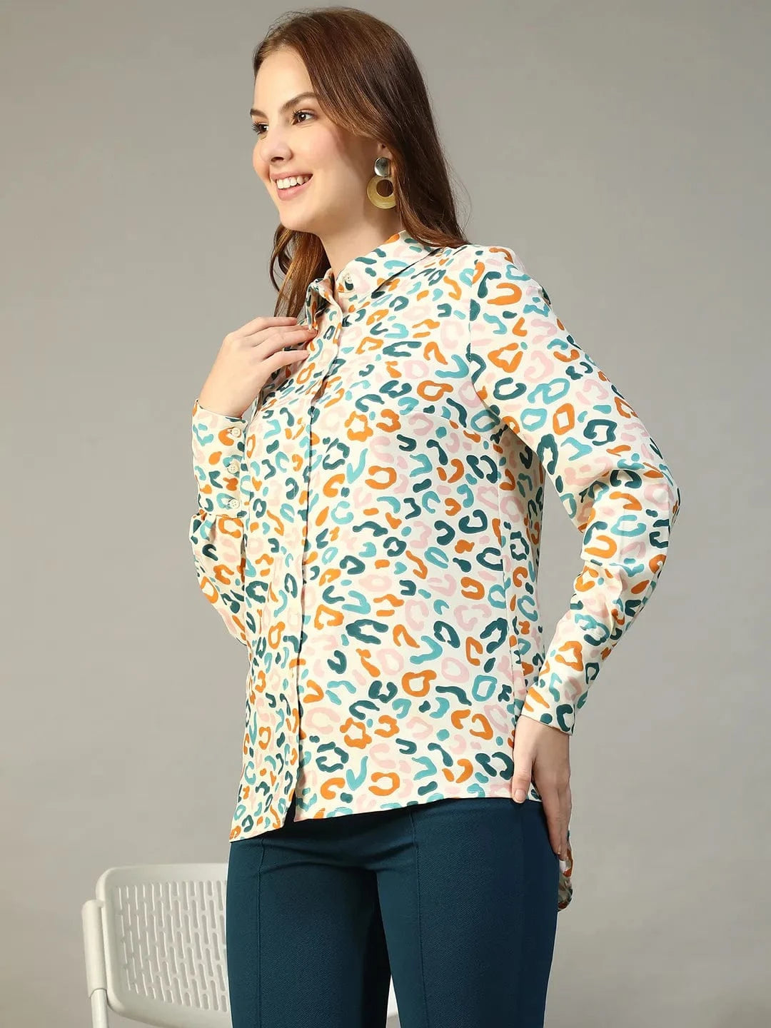 Multicolor Abstract Print Collared Long Sleeve Button Down Women Shirt