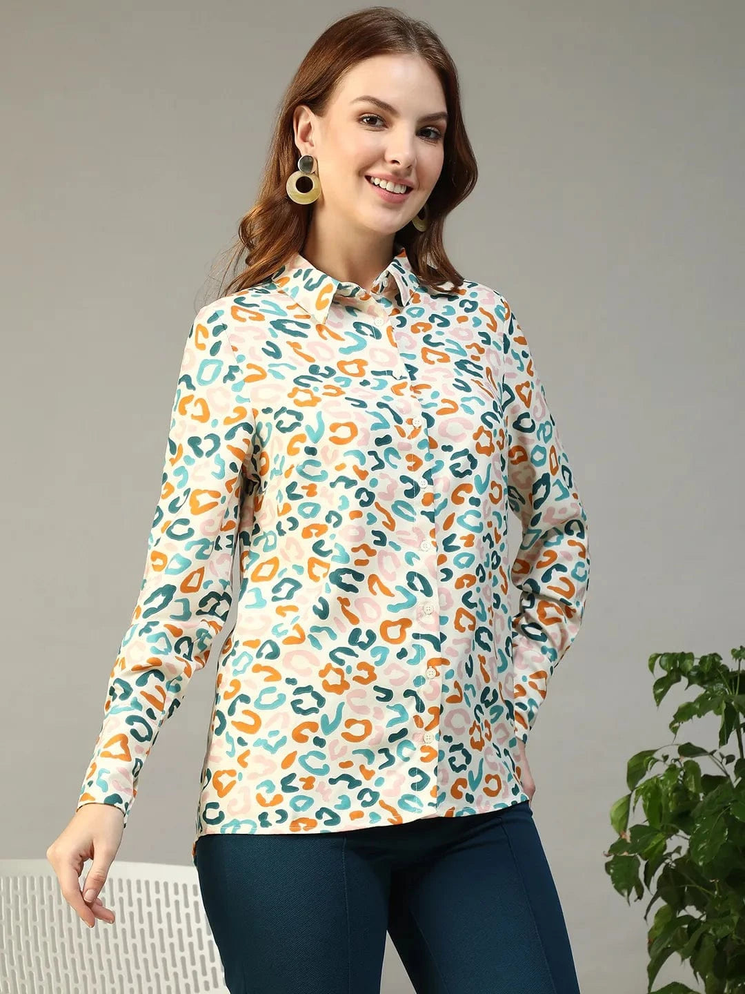 Multicolor Abstract Print Collared Long Sleeve Button Down Women Shirt