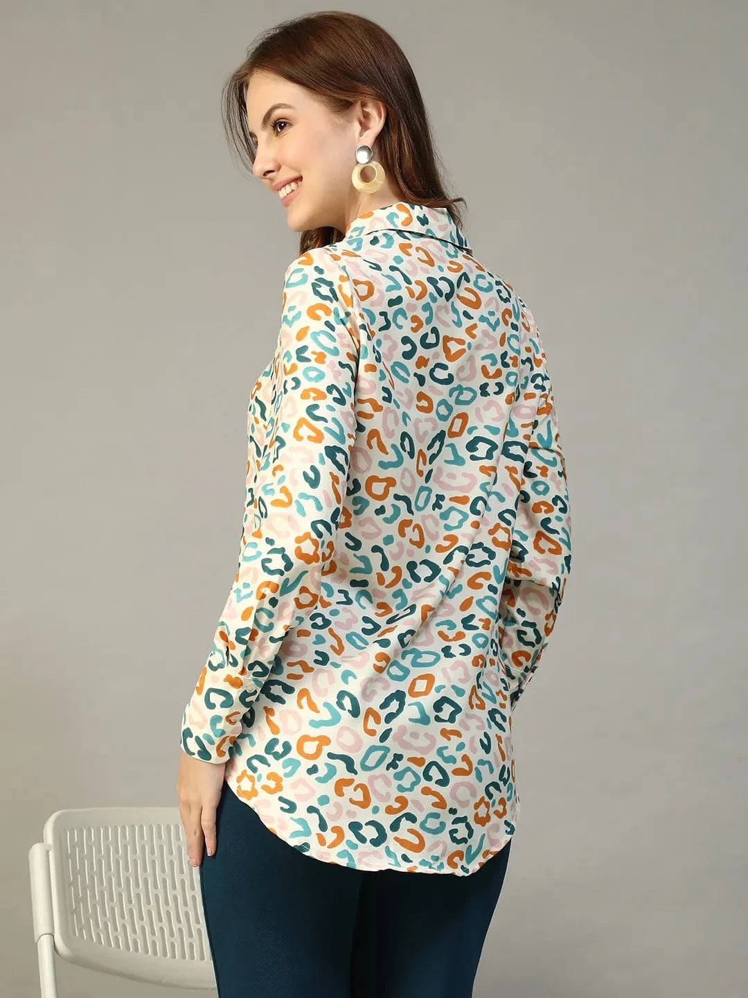 Multicolor Abstract Print Collared Long Sleeve Button Down Women Shirt