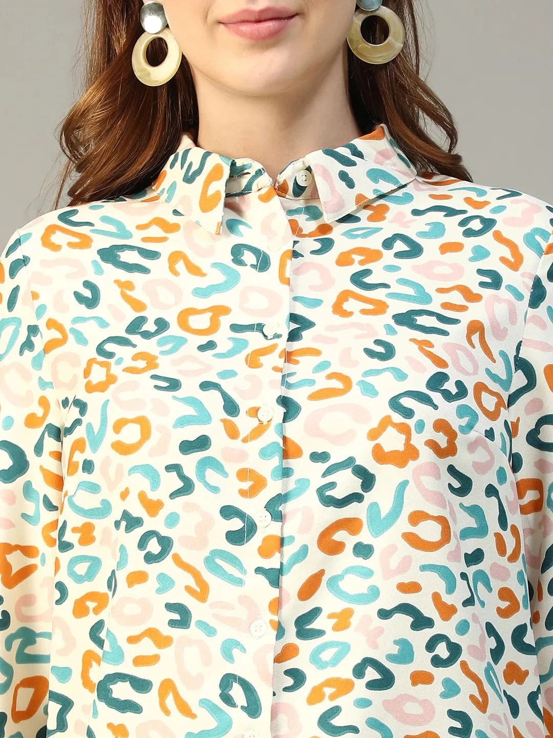 Multicolor Abstract Print Collared Long Sleeve Button Down Women Shirt