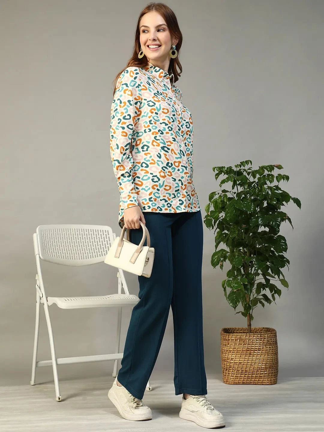 Multicolor Abstract Print Collared Long Sleeve Button Down Women Shirt