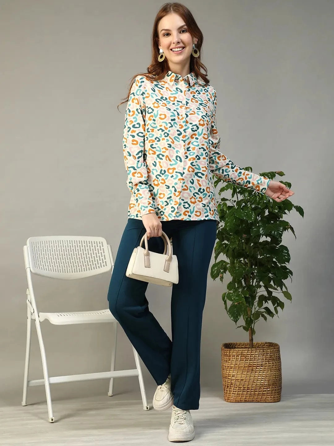 Multicolor Abstract Print Collared Long Sleeve Button Down Women Shirt