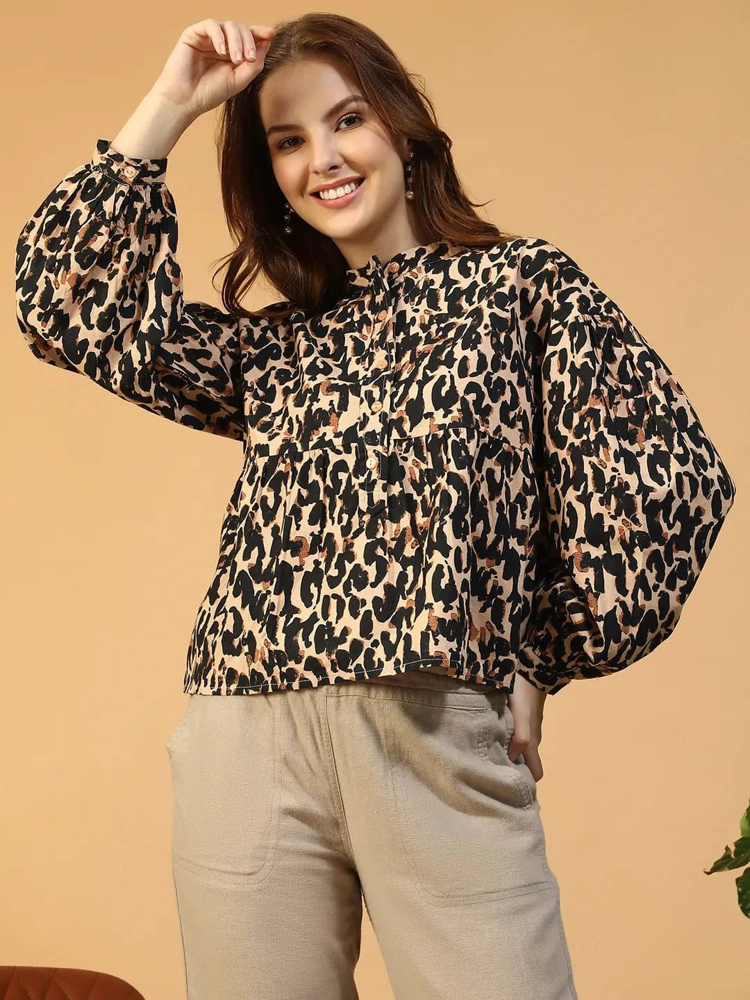 Brown Animal Print Cotton Shirt