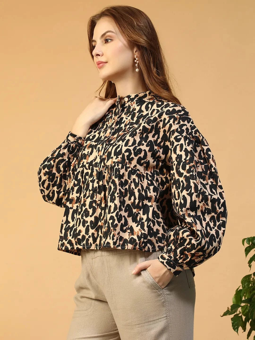Brown Animal Print Cotton Shirt