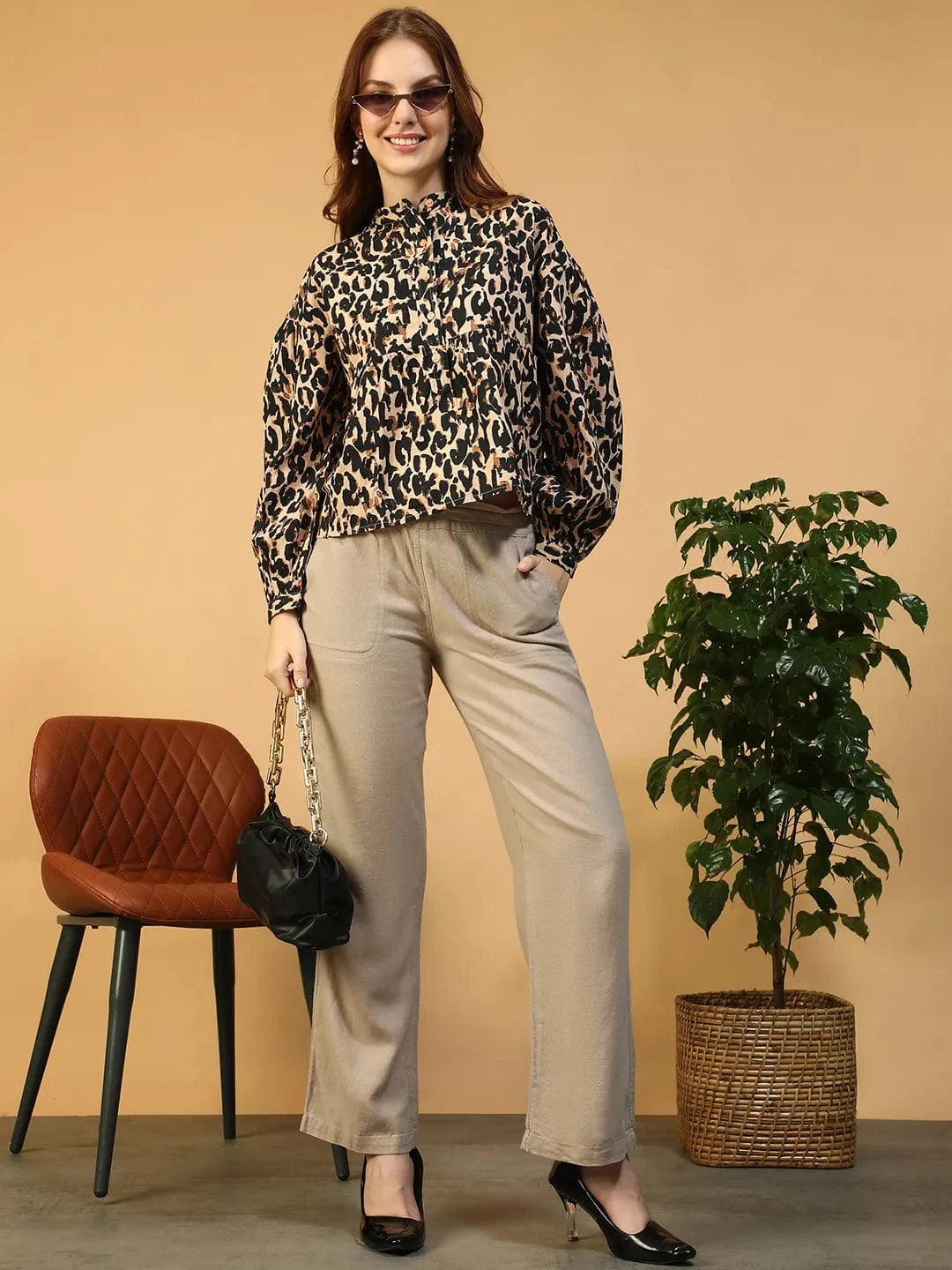 Brown Animal Print Cotton Shirt