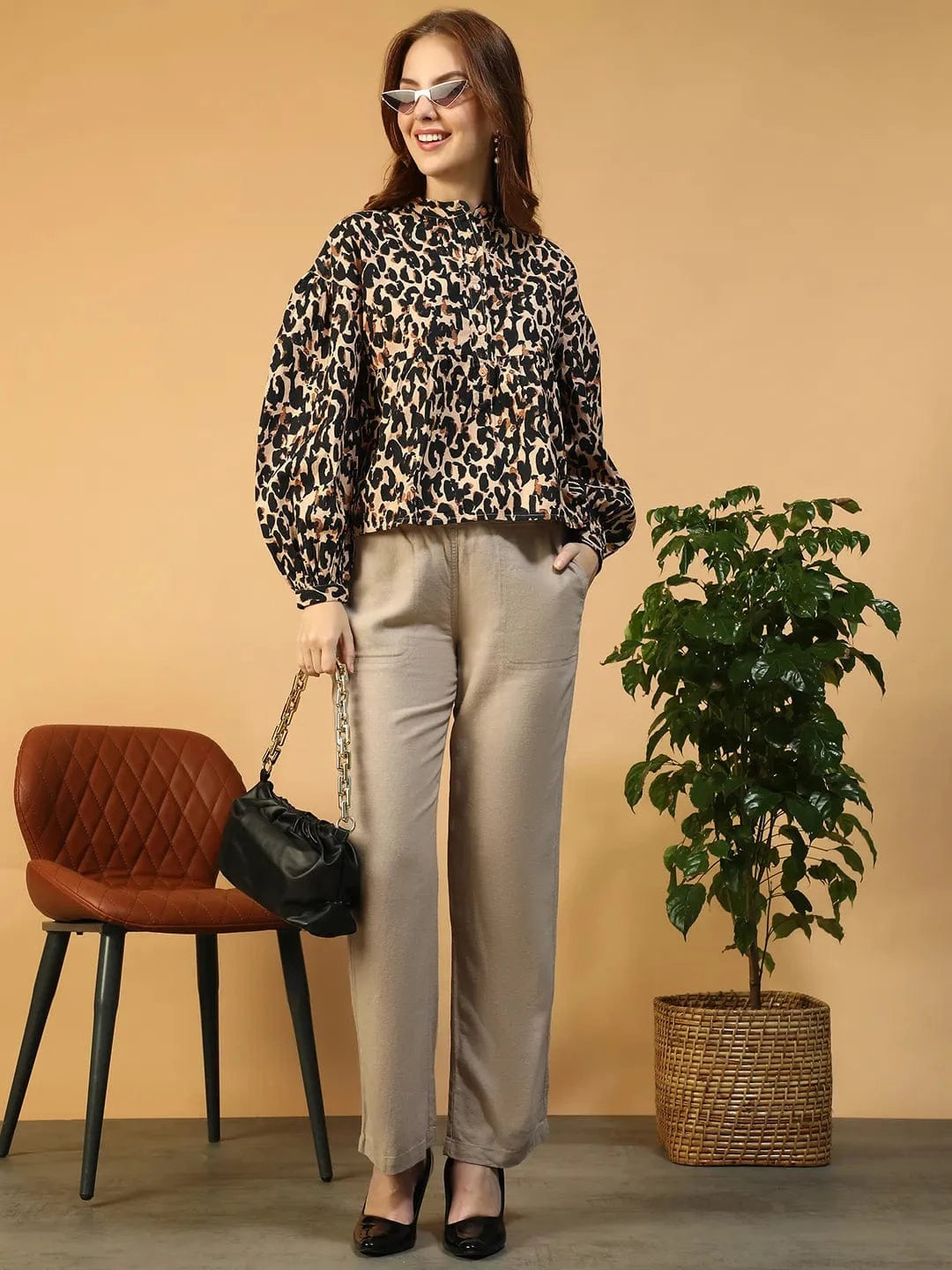 Brown Animal Print Cotton Shirt