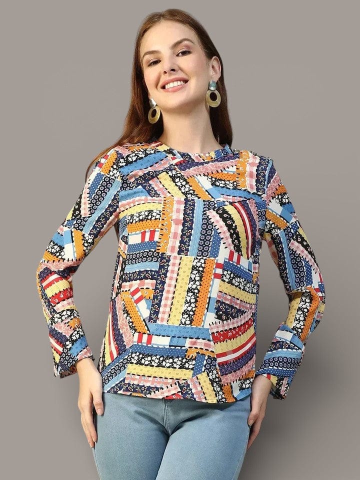 Multicolor Abstract Print Top - Women's Long Sleeve Round Neck Blouse, Lightweight Polyester
