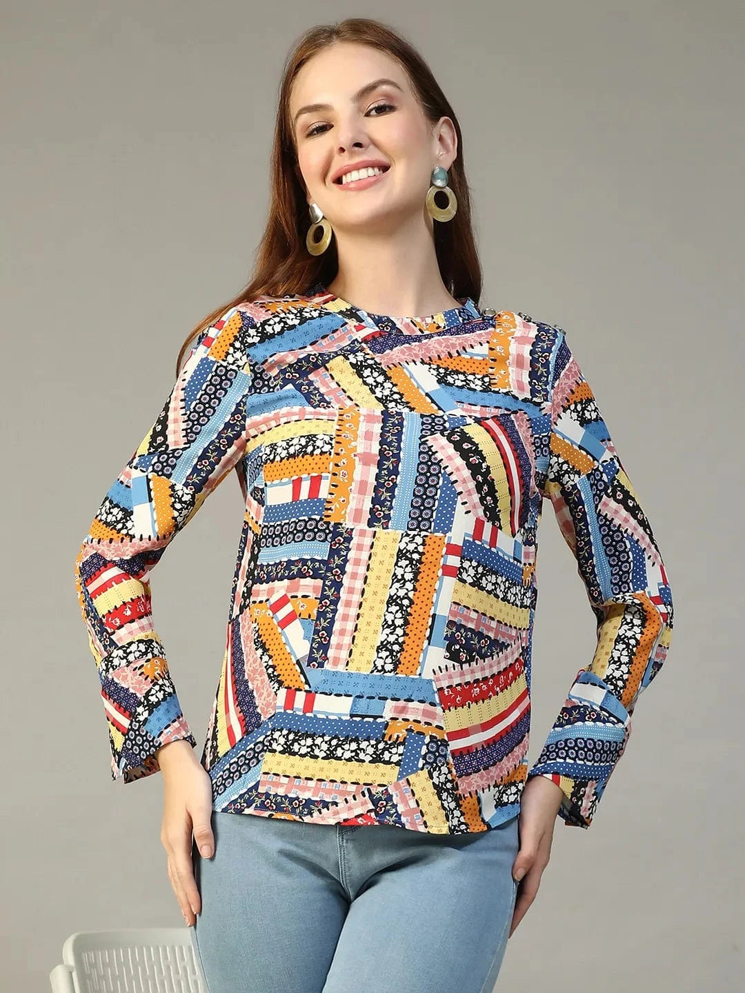 Multicolor Abstract Print Round Neck Long Sleeve Women Top