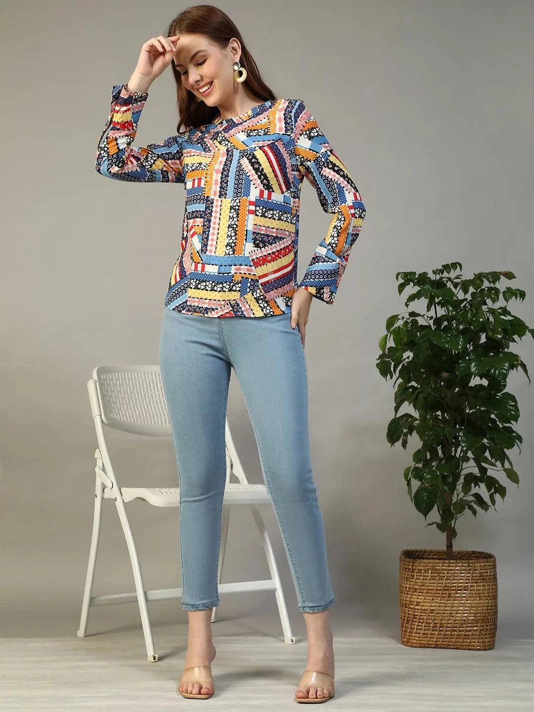 Multicolor Abstract Print Round Neck Long Sleeve Women Top