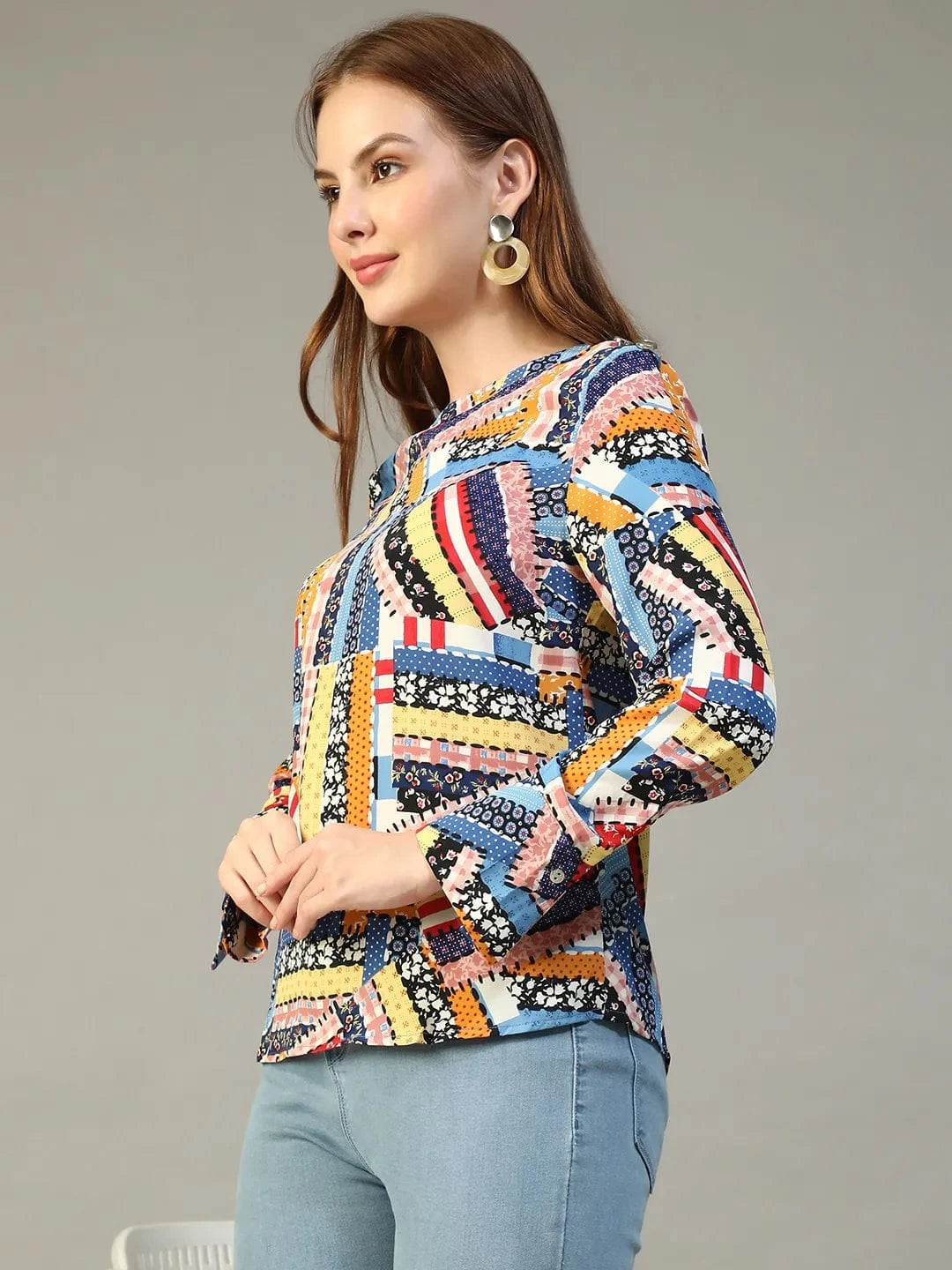 Multicolor Abstract Print Round Neck Long Sleeve Women Top