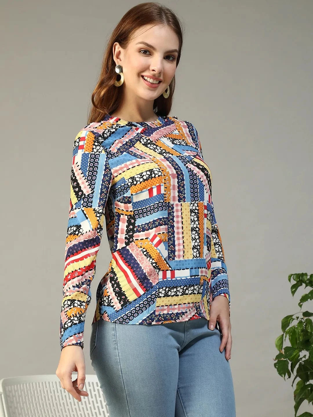 Multicolor Abstract Print Round Neck Long Sleeve Women Top