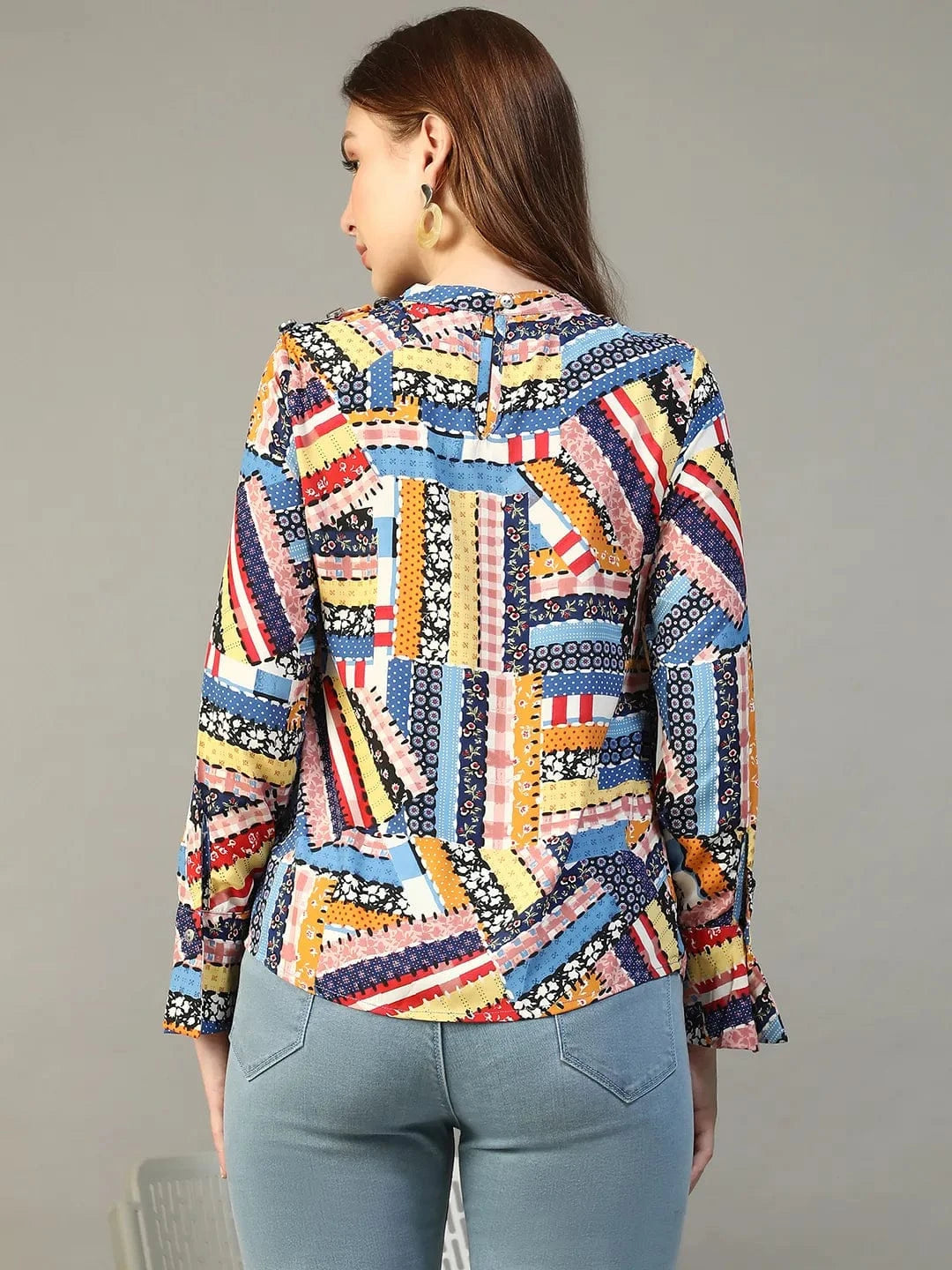 Multicolor Abstract Print Round Neck Long Sleeve Women Top