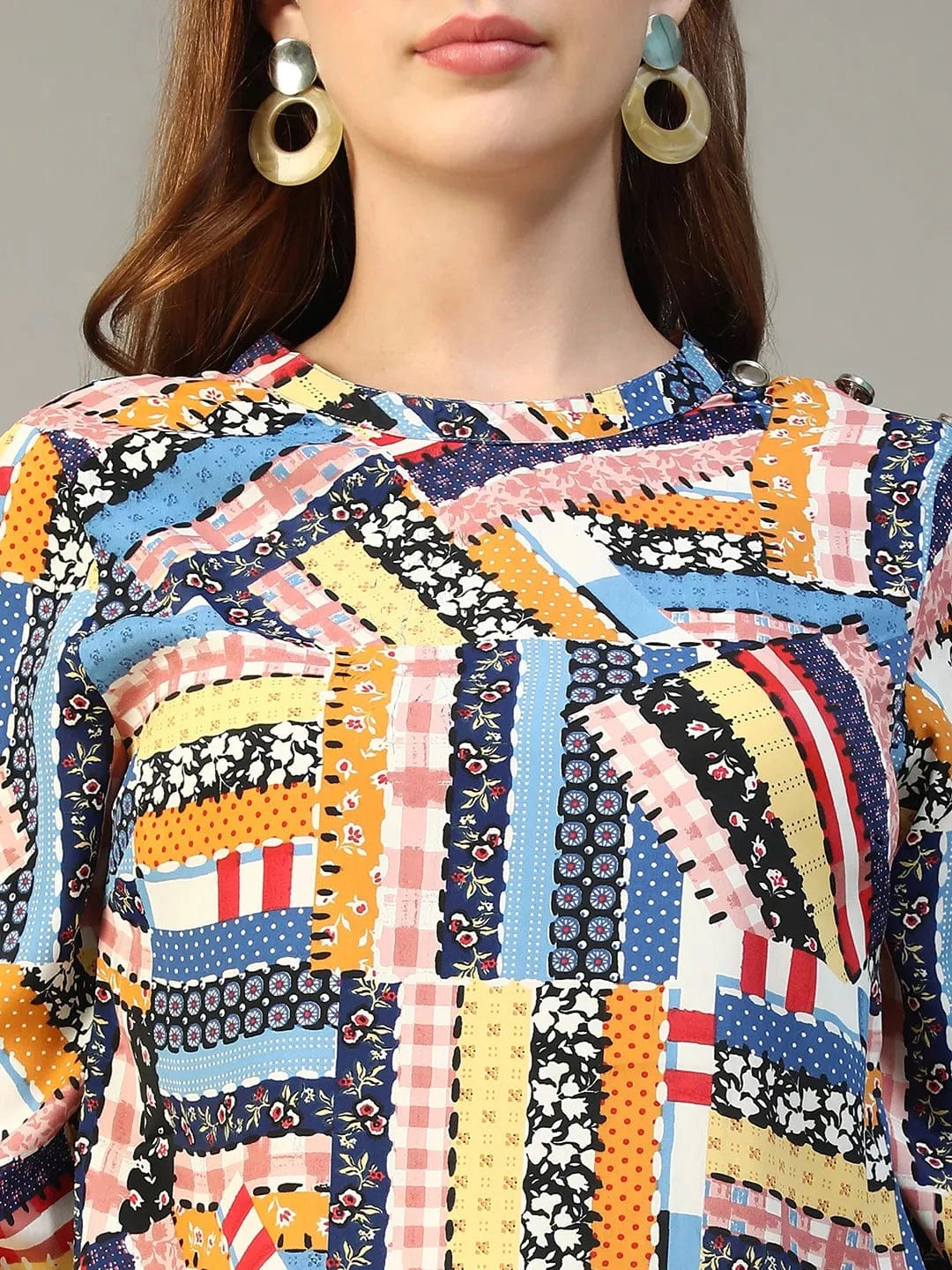Multicolor Abstract Print Round Neck Long Sleeve Women Top