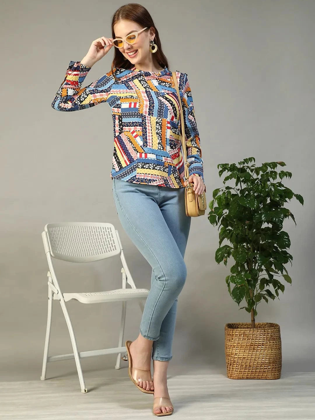 Multicolor Abstract Print Round Neck Long Sleeve Women Top