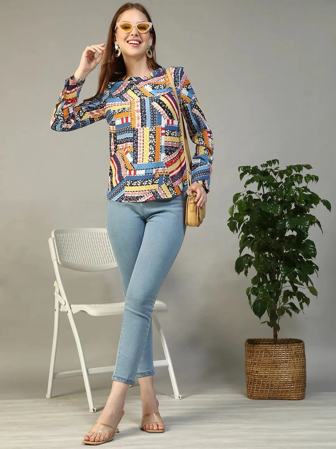 Multicolor Abstract Print Round Neck Long Sleeve Women Top