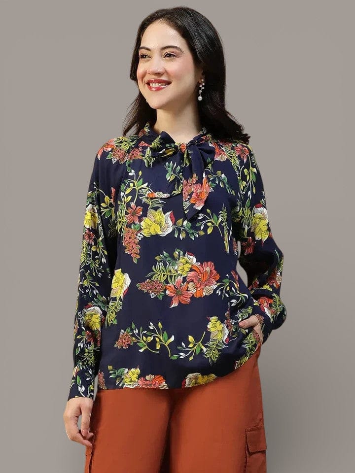 Navy Blue Floral Top - Women's Long Sleeve Round Neck Blouse With Tie-Up Detail