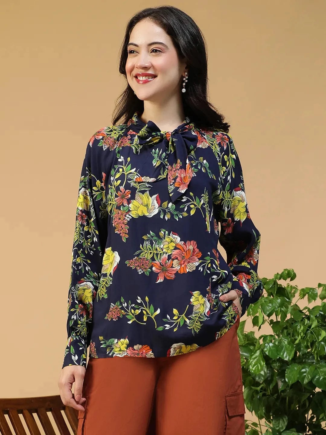 Flyer Navy Blue Floral Print Round Neck With Tie-Up Detail Long Sleeve Women Top