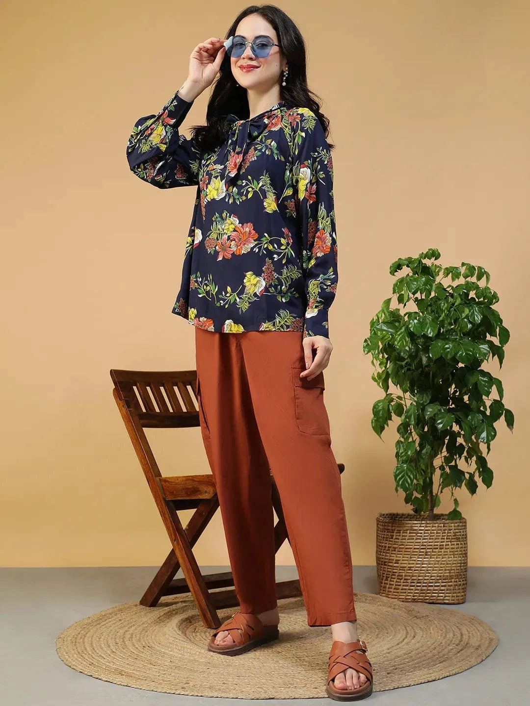 Flyer Navy Blue Floral Print Round Neck With Tie-Up Detail Long Sleeve Women Top