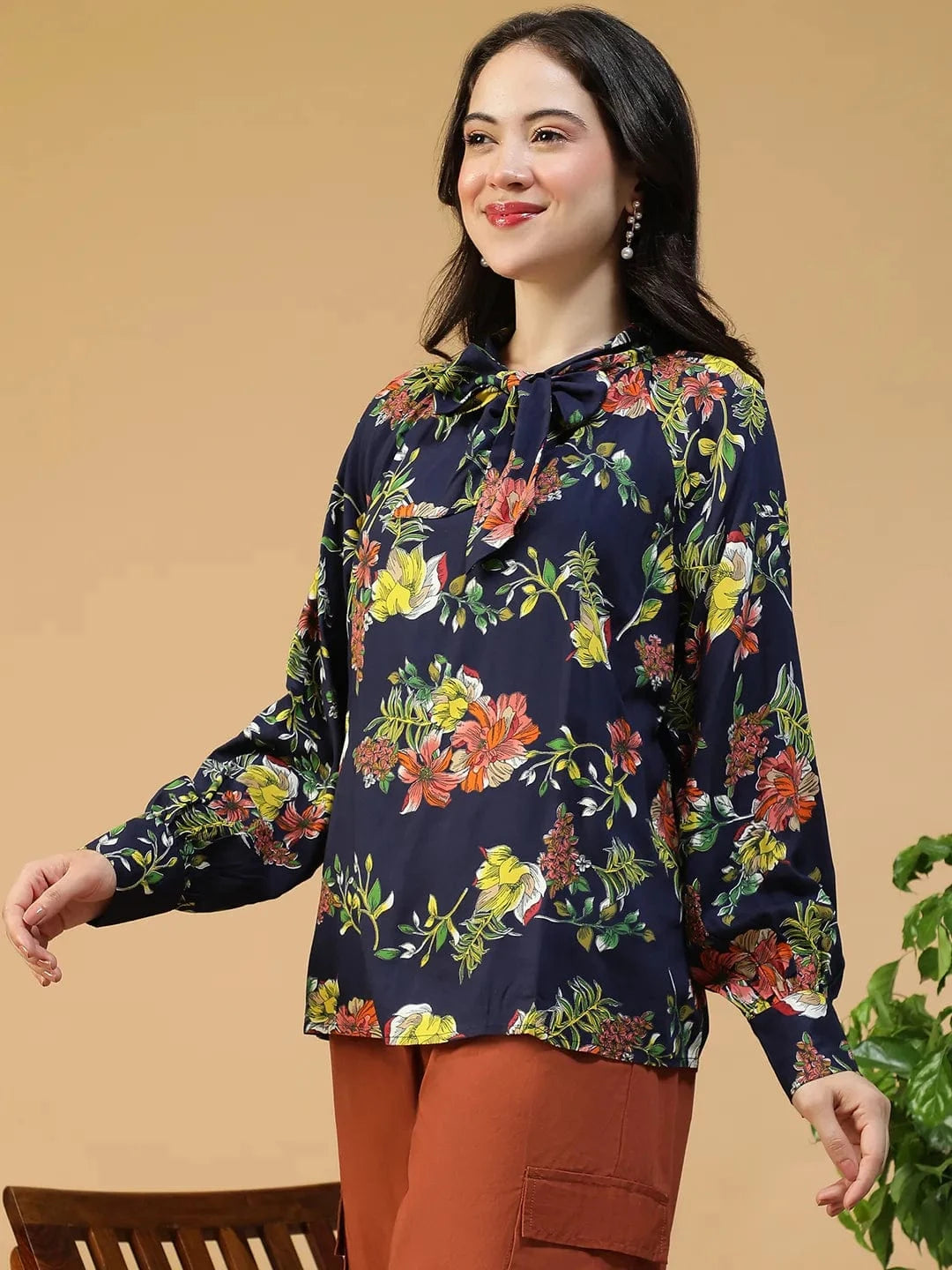 Flyer Navy Blue Floral Print Round Neck With Tie-Up Detail Long Sleeve Women Top