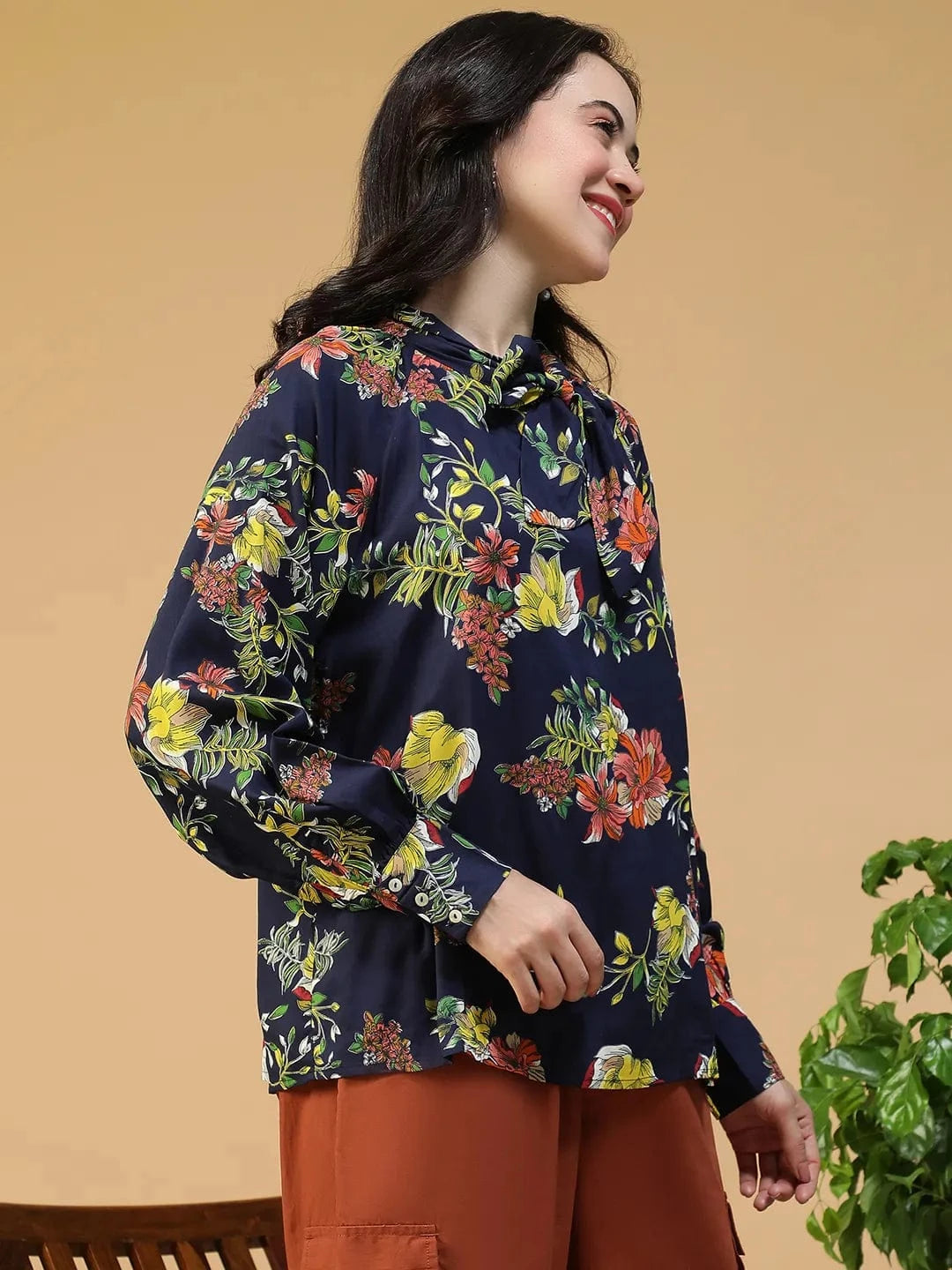 Flyer Navy Blue Floral Print Round Neck With Tie-Up Detail Long Sleeve Women Top