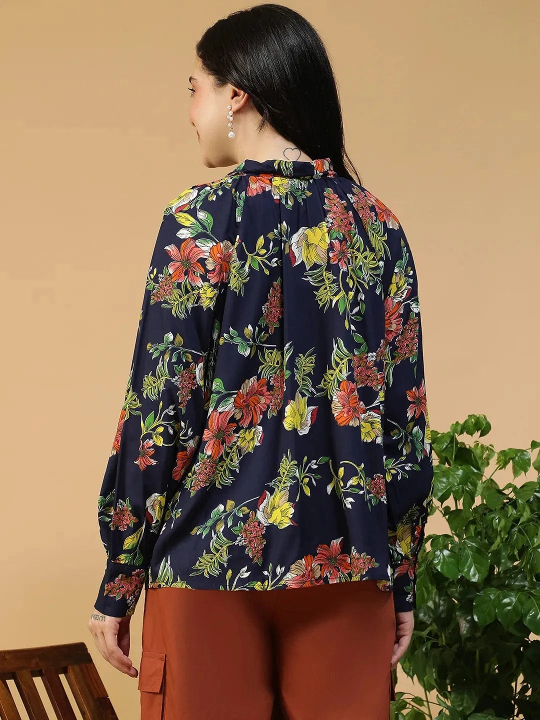 Flyer Navy Blue Floral Print Round Neck With Tie-Up Detail Long Sleeve Women Top