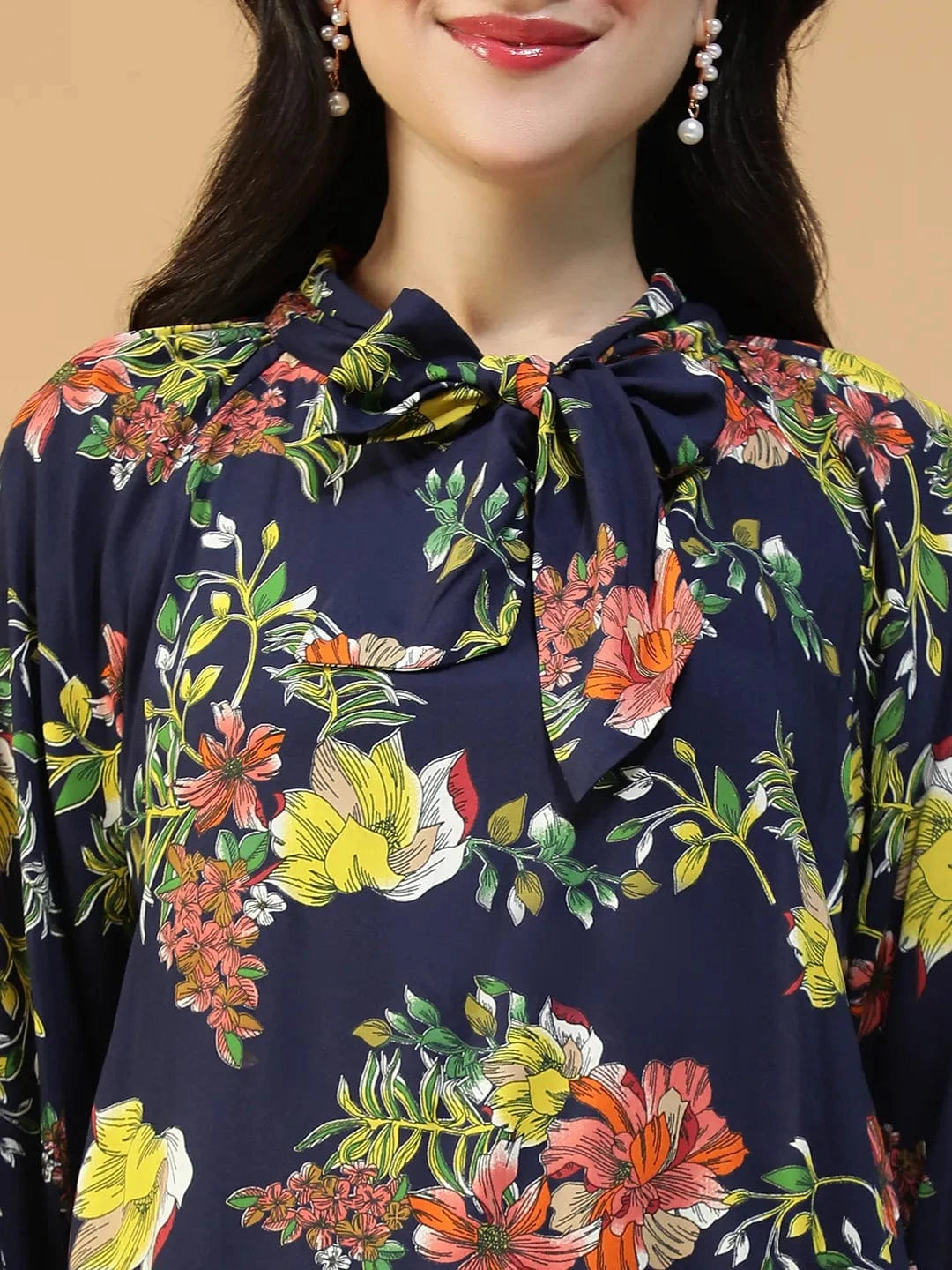 Flyer Navy Blue Floral Print Round Neck With Tie-Up Detail Long Sleeve Women Top