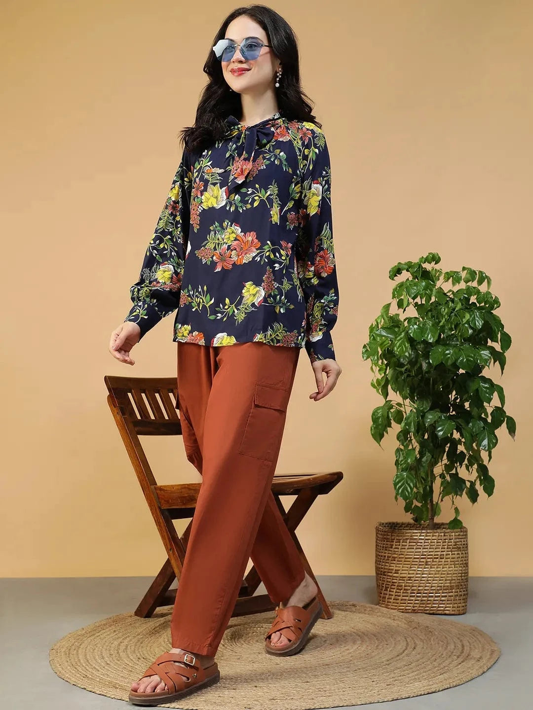 Flyer Navy Blue Floral Print Round Neck With Tie-Up Detail Long Sleeve Women Top