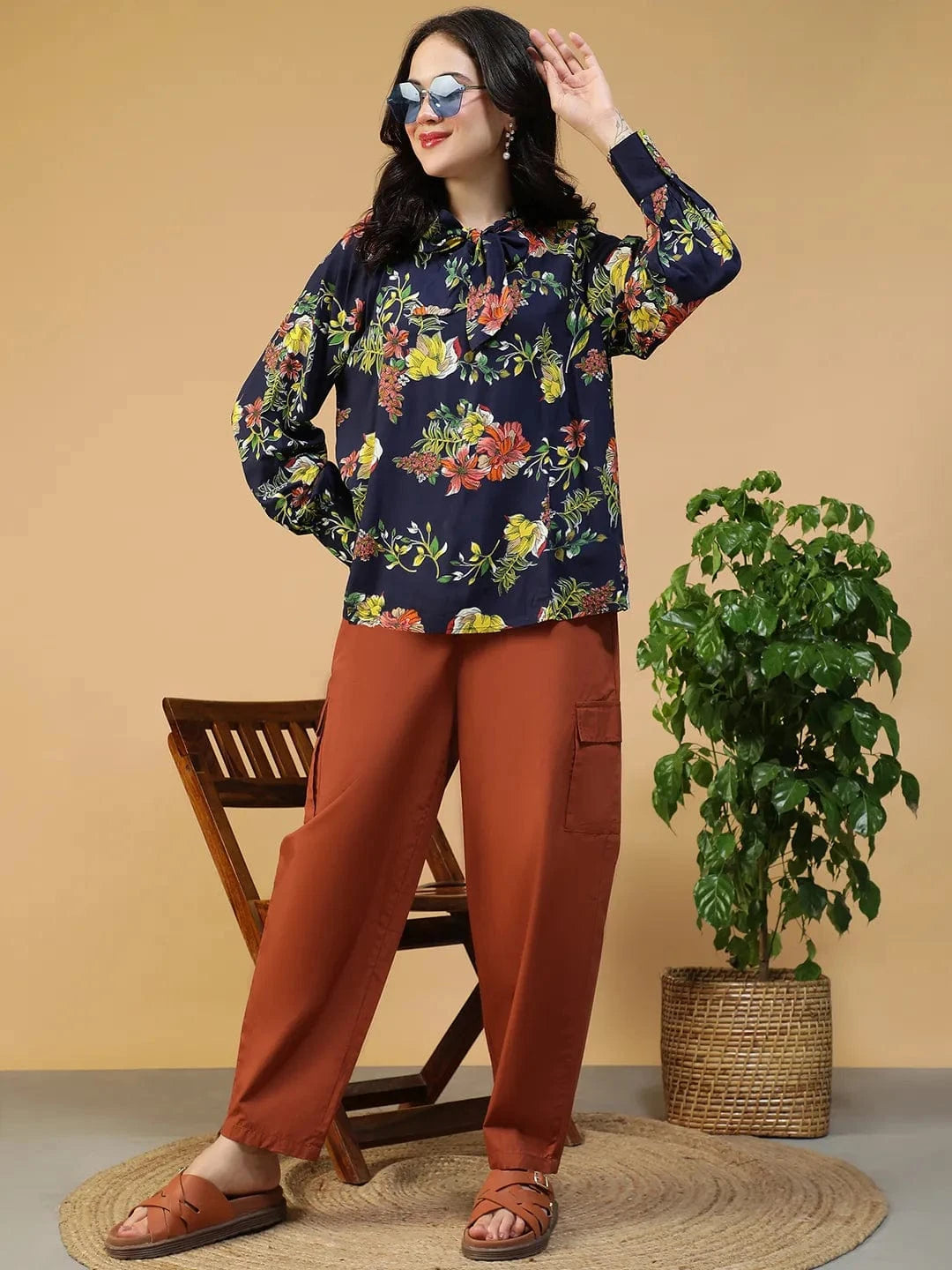 Flyer Navy Blue Floral Print Round Neck With Tie-Up Detail Long Sleeve Women Top