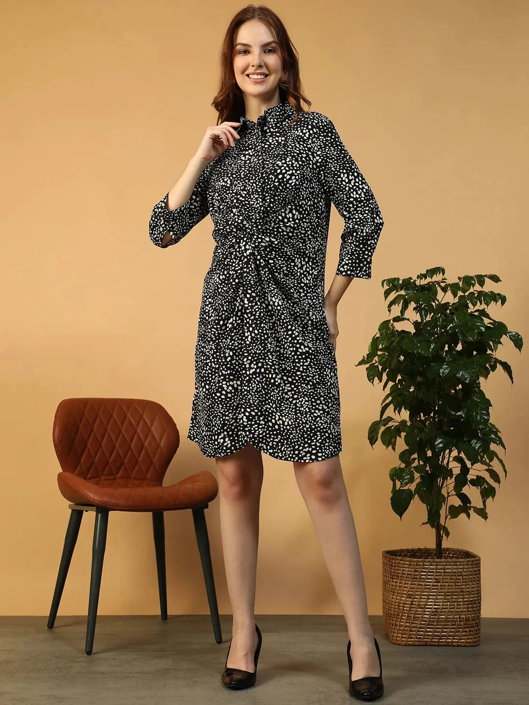 Dazzlina Black Floral Print 3/4 Sleeve Collared Button Down Women Short Dress