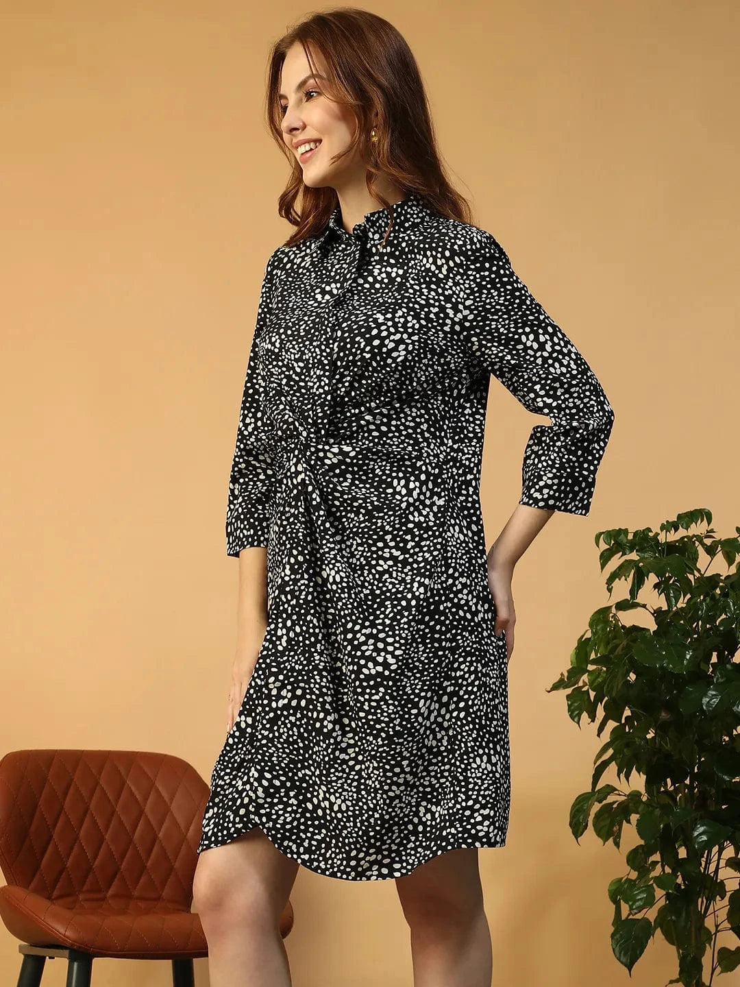 Dazzlina Black Floral Print 3/4 Sleeve Collared Button Down Women Short Dress