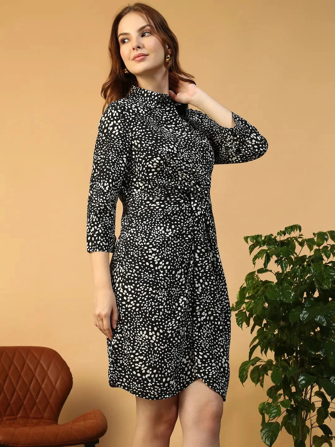 Dazzlina Black Floral Print 3/4 Sleeve Collared Button Down Women Short Dress