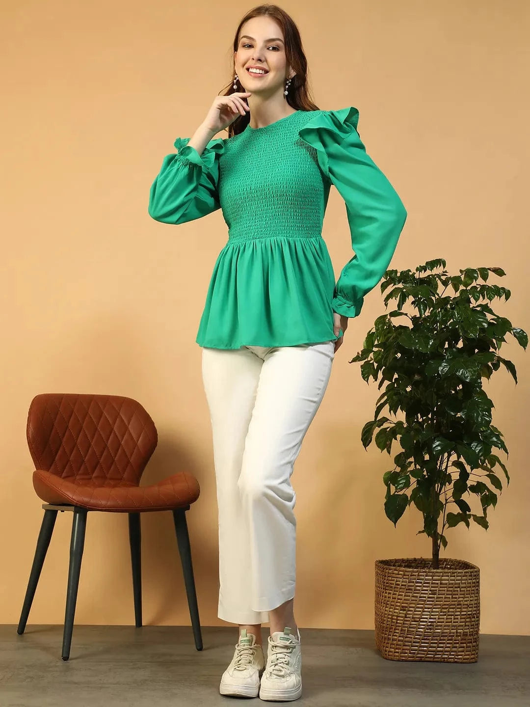 Nature Solid Green Round Neck Smocked & Ruffle Detail Long Sleeve Women Peplum Top