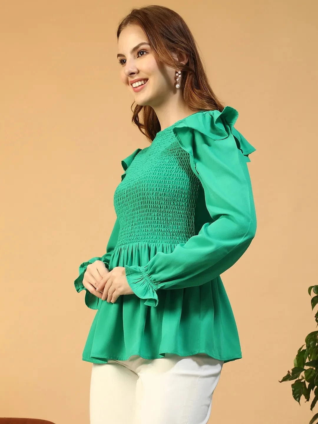 Nature Solid Green Round Neck Smocked & Ruffle Detail Long Sleeve Women Peplum Top