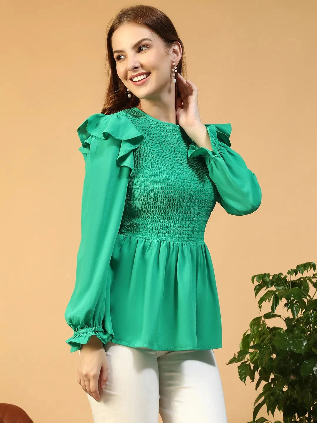 Nature Solid Green Round Neck Smocked & Ruffle Detail Long Sleeve Women Peplum Top